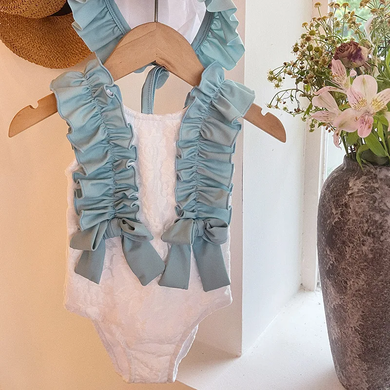 

Детский купальник, одежда для пляжного отдыха, новый летний детский купальник, милый купальный костюм с кружевным бантом для девочек, От 2 до 7 лет