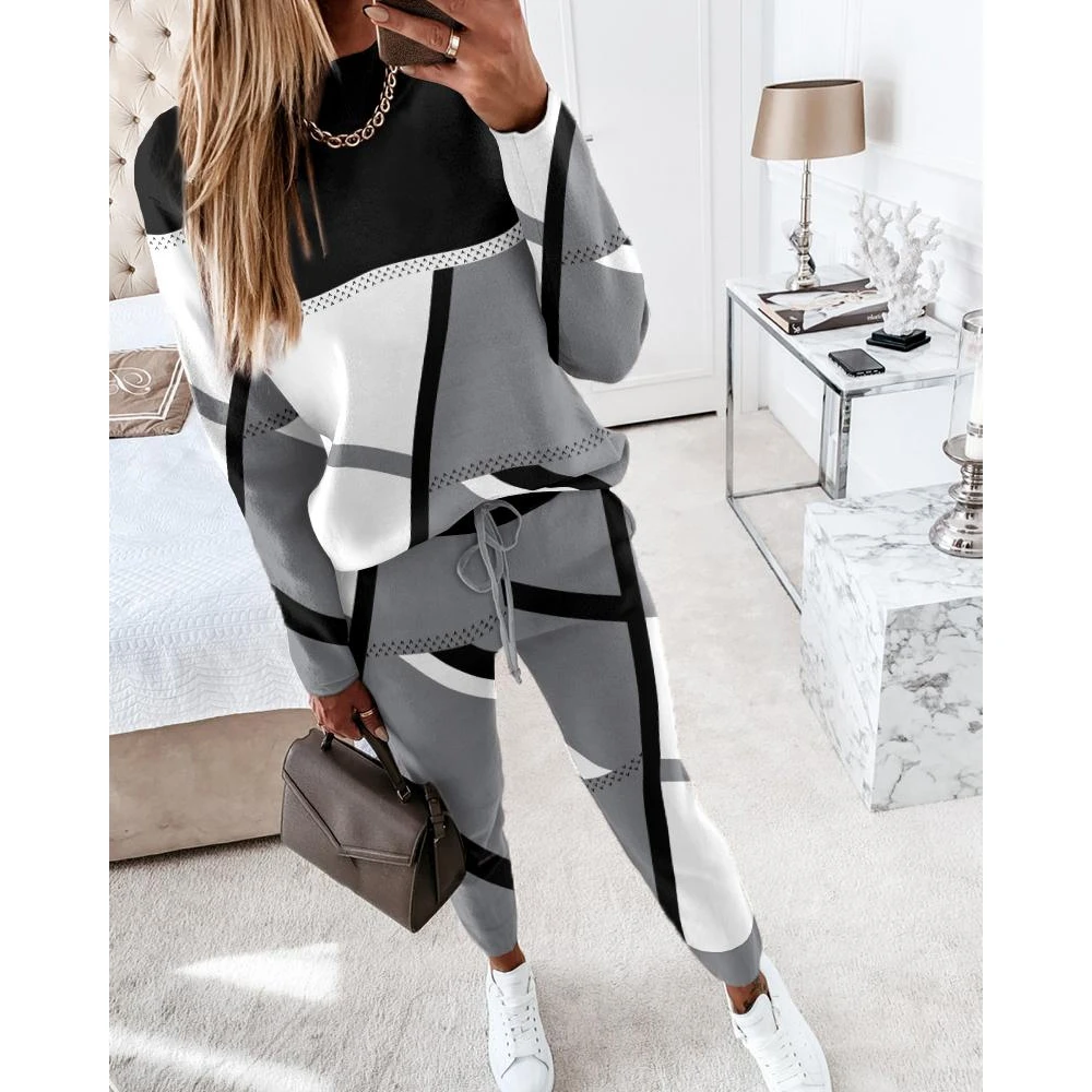 Long Sleeve Top and Drawstring Pants Set for Women Geometric Print O-Neck Casual Two-Piece Suit Fall Outwear