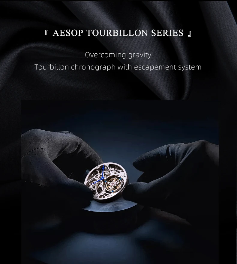 AESOP（manual7009G）Men Tourbillon Watch Blue Panther Eye Dial, Skeleton Mechanical, Sapphire Mirror, Genuine Leather Strap