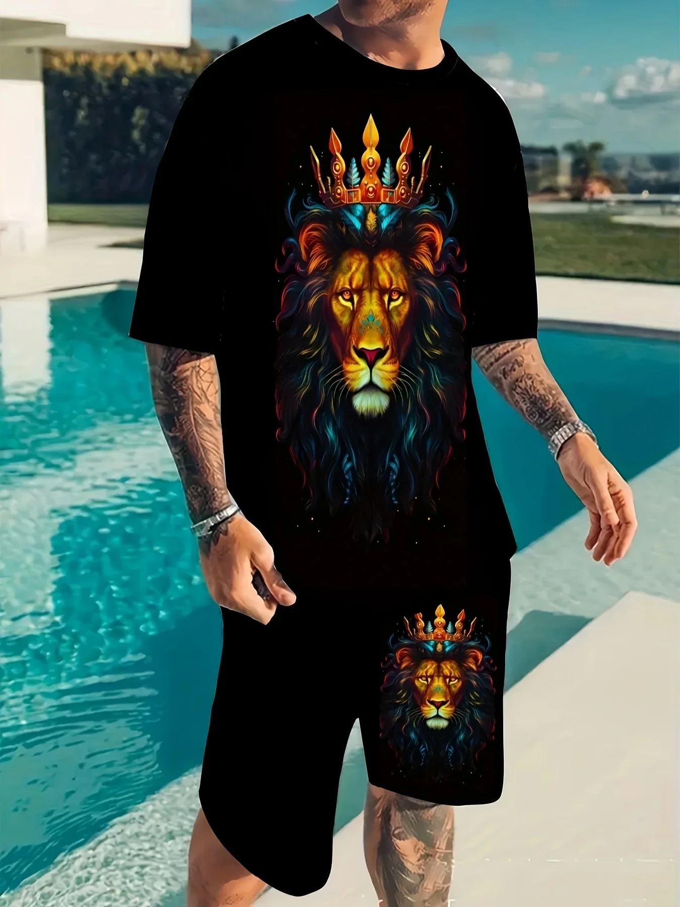 

Summer Sportswear 3D Animal crown lion Print Casual Short Sleeve T-Shirt and Shorts 2-piece Set Fashion Men's Clothing