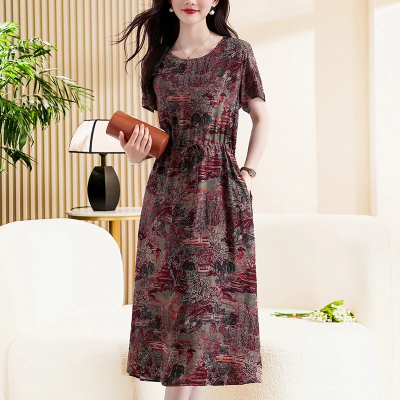 Summer Half Sleeve Print Long Plus size Dress For Women 2024 New Casual O-Neck High Waist Slim Ladies Maxi Dresses