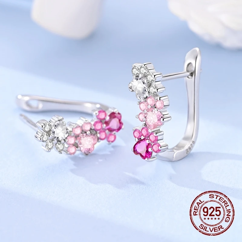 Gradient Pink Heart Climber Huggie Hoop Earrings 925 Sterling Silver Pink White CZ Hypoallergenic Jewelry Gift for Women
