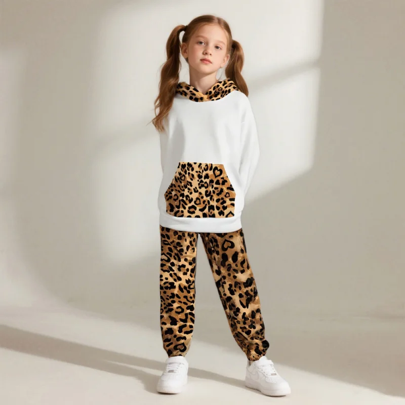 

2026 Girls' Leopard Print Hoodie Set - Children's Casual Sports Jogging Pants Two-Piece Set
