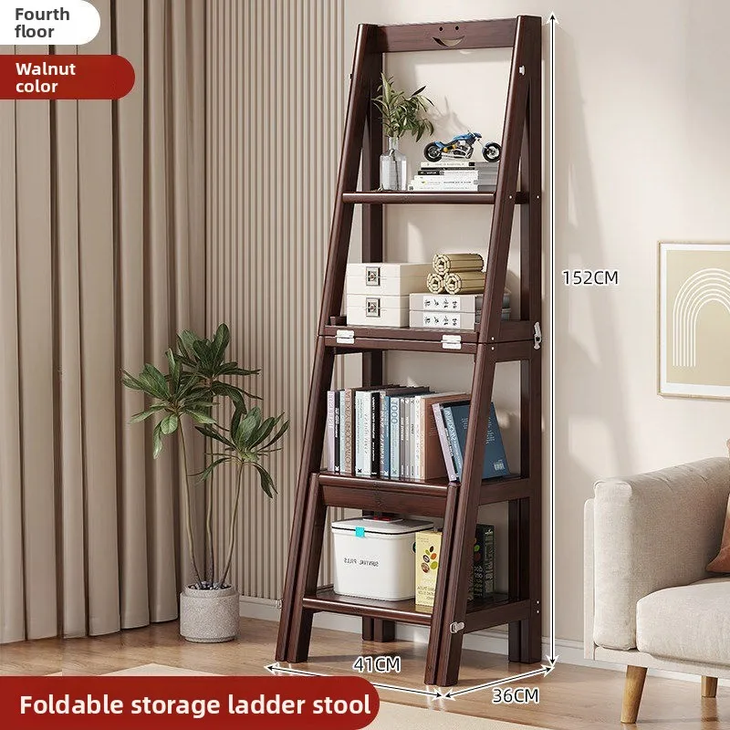 Home folding telescopic ladder stool, multi-layer folding storage rack, light luxury bamboo step ladder, step climbing ladder