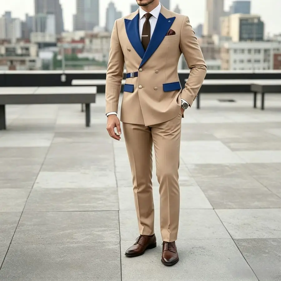 Men's Double Breasted Suits 2 Pieces Groom Tuxedo for Wedding Slim Fit Blazer with Pants Set Business Formal Prom Classic