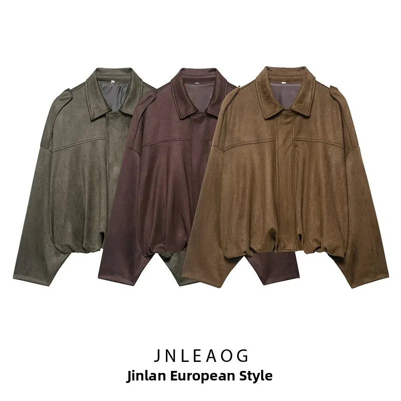 JNLEAOG Pilota da donna Jaet effetto pelle scamosciata Capispalla Autunno Nuovo Sle Caldo poliestere Lungo Sve ort Cappotto Chiusura con cerniera