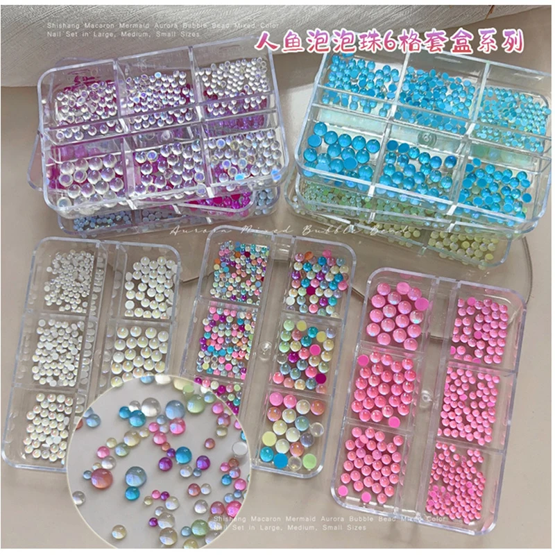 320PCS/Box 2-5mm Sparkle Aurora Macaron Mermaid Bubble Beads Nail Art Rhinestones Decorations Manicure Flatback Semi-ball Charms