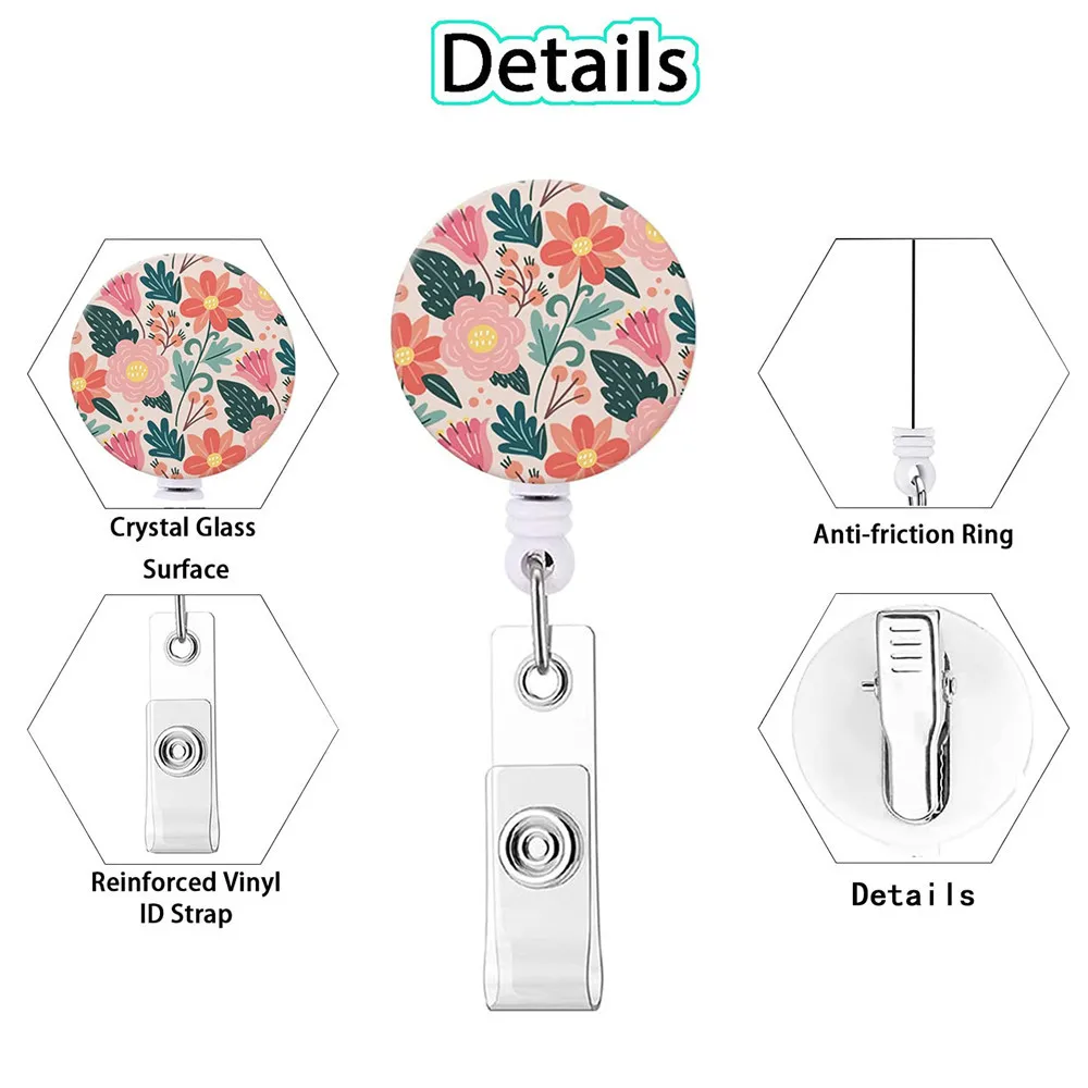 2024 Creative Flower Retractable Nurse Badge Holder Badge Reel Clip Flower Students Name Tag Id Card Holder Lanyards Accessories