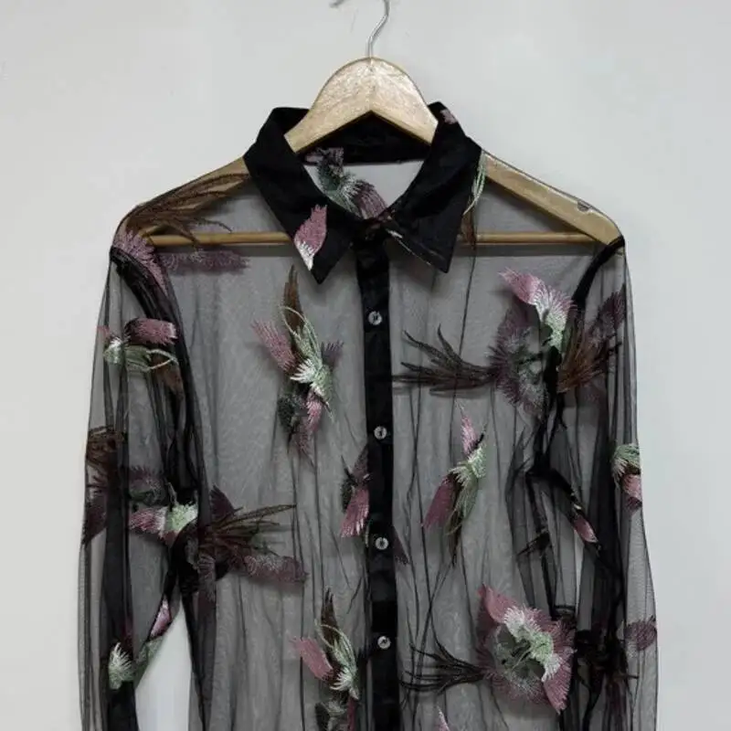 WVGA Summer New Man Tide Embroidery Sheer Mesh Layered Original Design Trendy Long Sleeve Shirt Niche Chic Casual Top Ins W10009