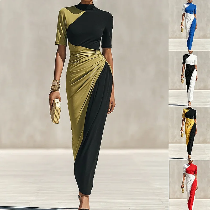 Elegant Color Block Long Dress with Stand Collar Short Sleeve, Flattering Waist Dresses for Women Spring Summer Matching Set