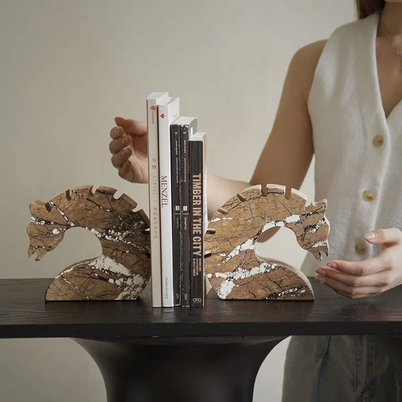 2Pcs Natural Marble Bookends Heavy‑Duty Stone Book Stopper Art Sculpture Book Holder Office Desktop Home Shelf Decor