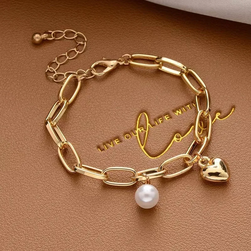 Koreaanse Trendy Witte Parel Ketting Armbanden voor Vrouwen Meisjes Elegante Gouden Kleur Kraal Link Hand Bedelarmband Sieraden Huwelijksgeschenken