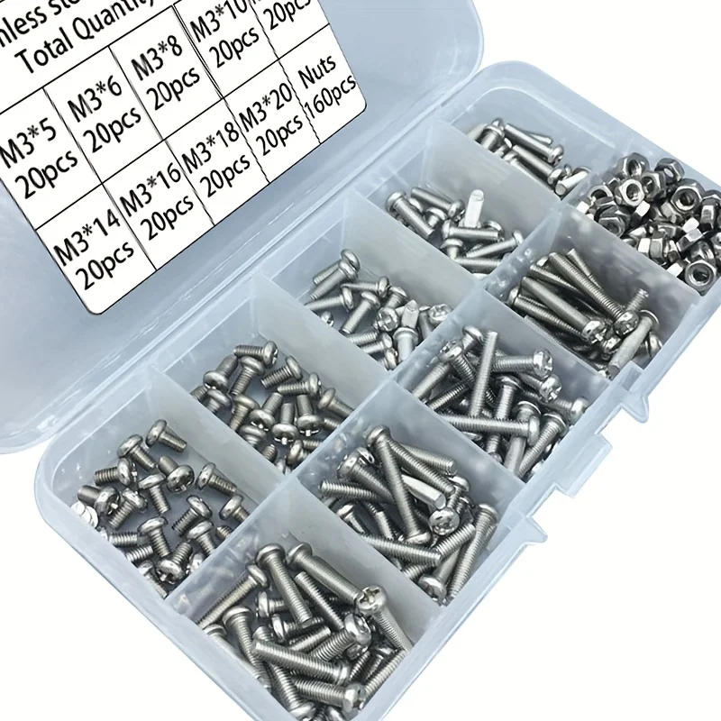 340pcs M3 Stainless Steel Phillips Pan Head Screw and Nut Set, DIY Tool Screw and Nut Kit