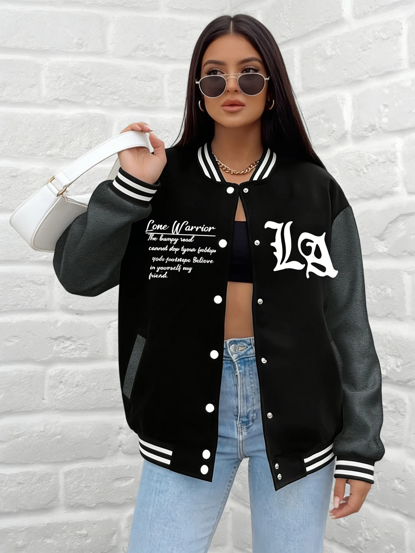 Women Lone Warrior Print Baseball Jacket LA Letter Graphic Varsity Coat Loose Fit Outerwear Casual Street Daily Wear