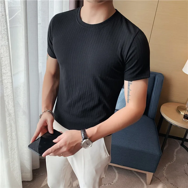 2023 Summer Thin Dark Striped T Shirt Men\'s Clothes Short Sleeved Round Neck Slim Fit Elastic Tee Tops All-match Bottoming Shirt