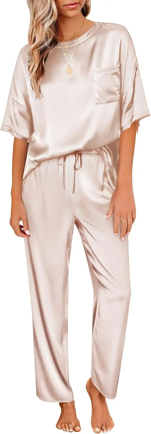 Womens Satin Silky Pajama Set Short Sleeve Shirt with Long Pajama Pant Set Soft PJ Loungewear