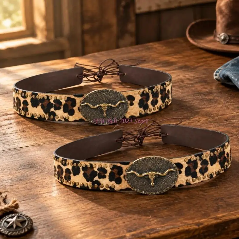 49ME Tie-On Hat Accessory, Animal-Print Decorative Band with Antique-Tone Bull-Head Centerpiece and Round Metal Accents for