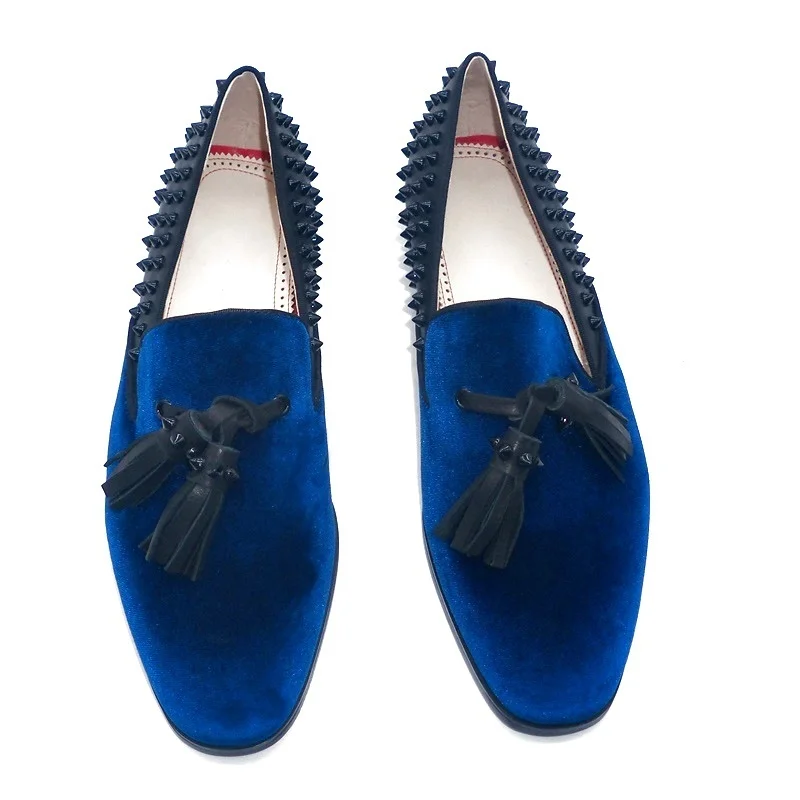 LOUBUTEN Blue Velvet Loafers Men Spike Shoes Luxury Handmade Tassel Shoes Wedding Men\'s Dress Shoes Casual Shoes