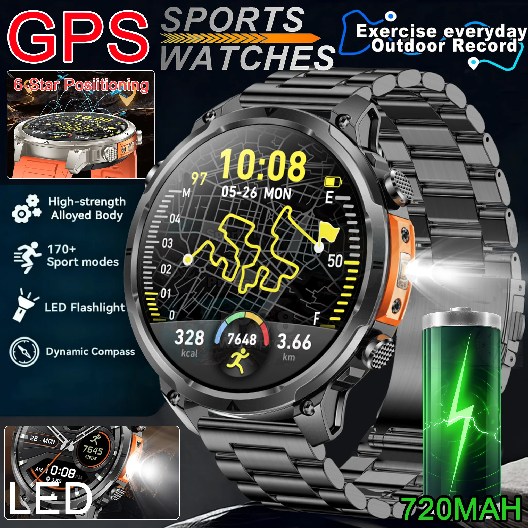 

2026 New Men GPS Smartwatch 1.7" HD Screen Military Call IP68 Waterproof 100 Sport Modes Smart Watch with 720mAh Large Battery