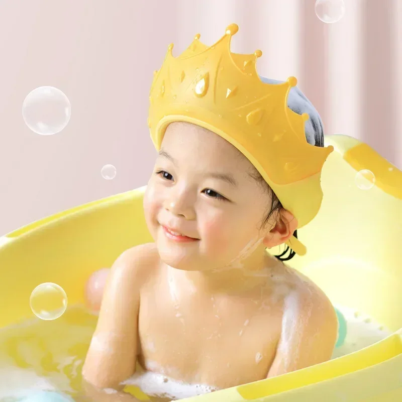 Adjustable Size Children Shampoo Cap Crown Baby Shower Cap Cartoon Bath Visor Infant Hair Shield Ear Protection Waterproof