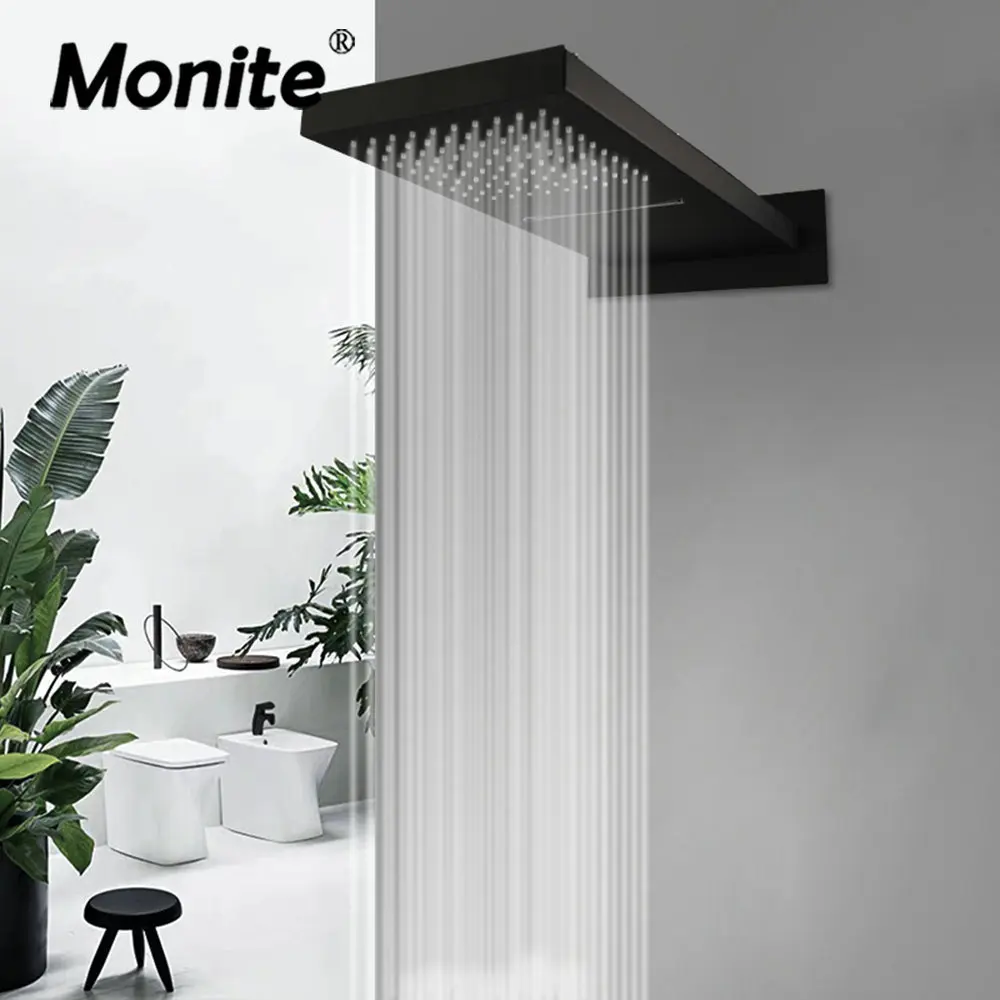 

Monite Matte Black Rain & Waterfall Bathroom Shower Head Solid Brass Wall Mount Rainfall Shower Head 2 Ways Control Mixer Shower