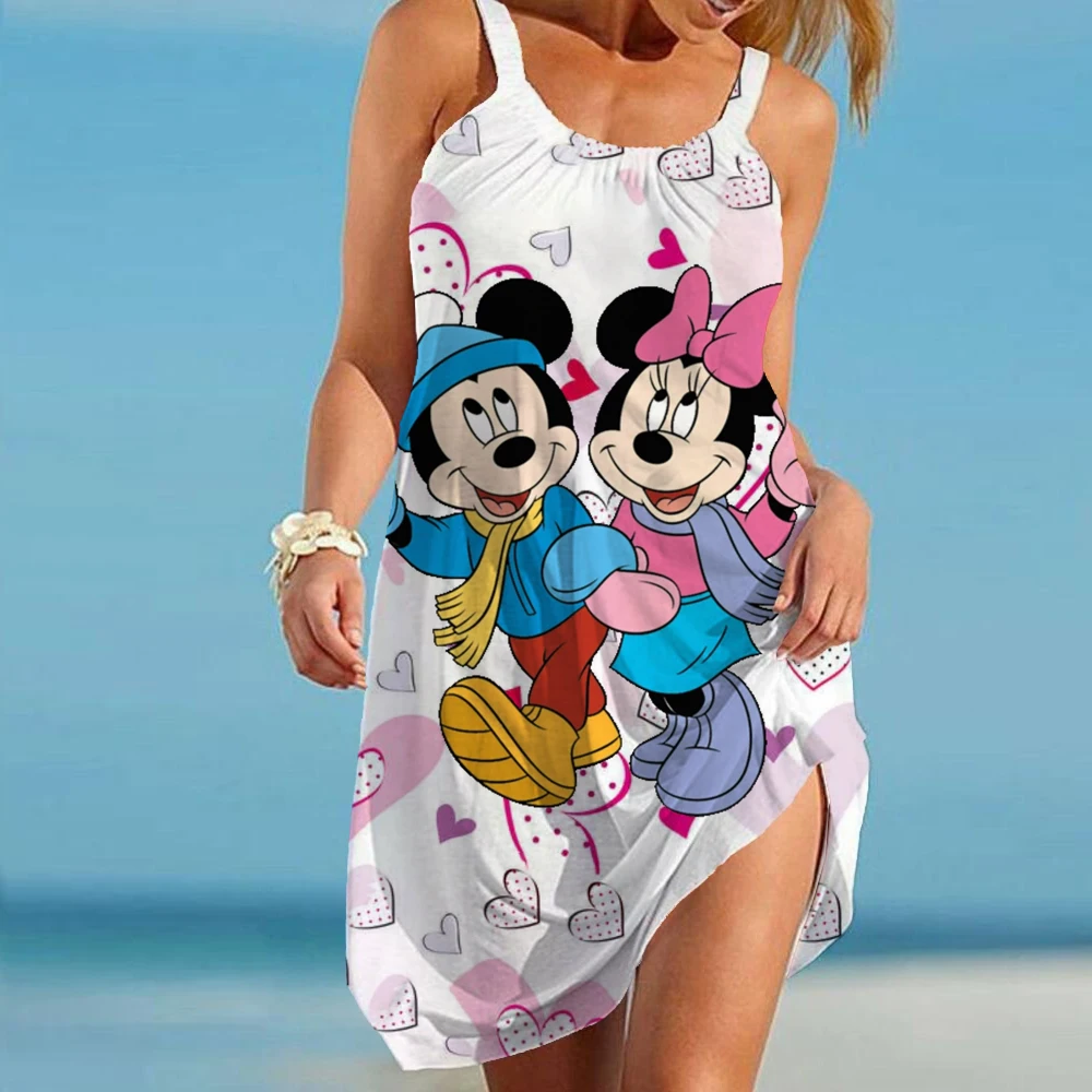 Disney Mickey Minnie Slip Dresses For Woman Summer 3D Print Clothing Cartoon Women's Beach Dress Cute Sexy Sling Beach Cool Top