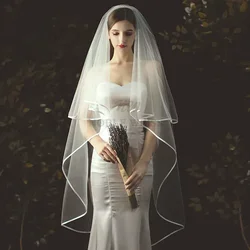 Velo da sposa 2T Veli da sposa corti con bordo in nastro di tulle Veli da sposa a due strati personalizzati