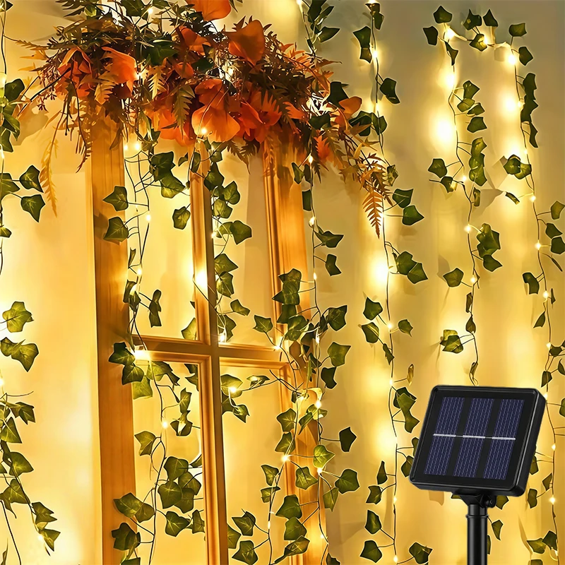 Outdoor Solar Ivy Vine Lights, 8 Modes IP54 Waterproof Warm White Leaf String Lights for Fence Patio Garden Wedding Xmas Decor