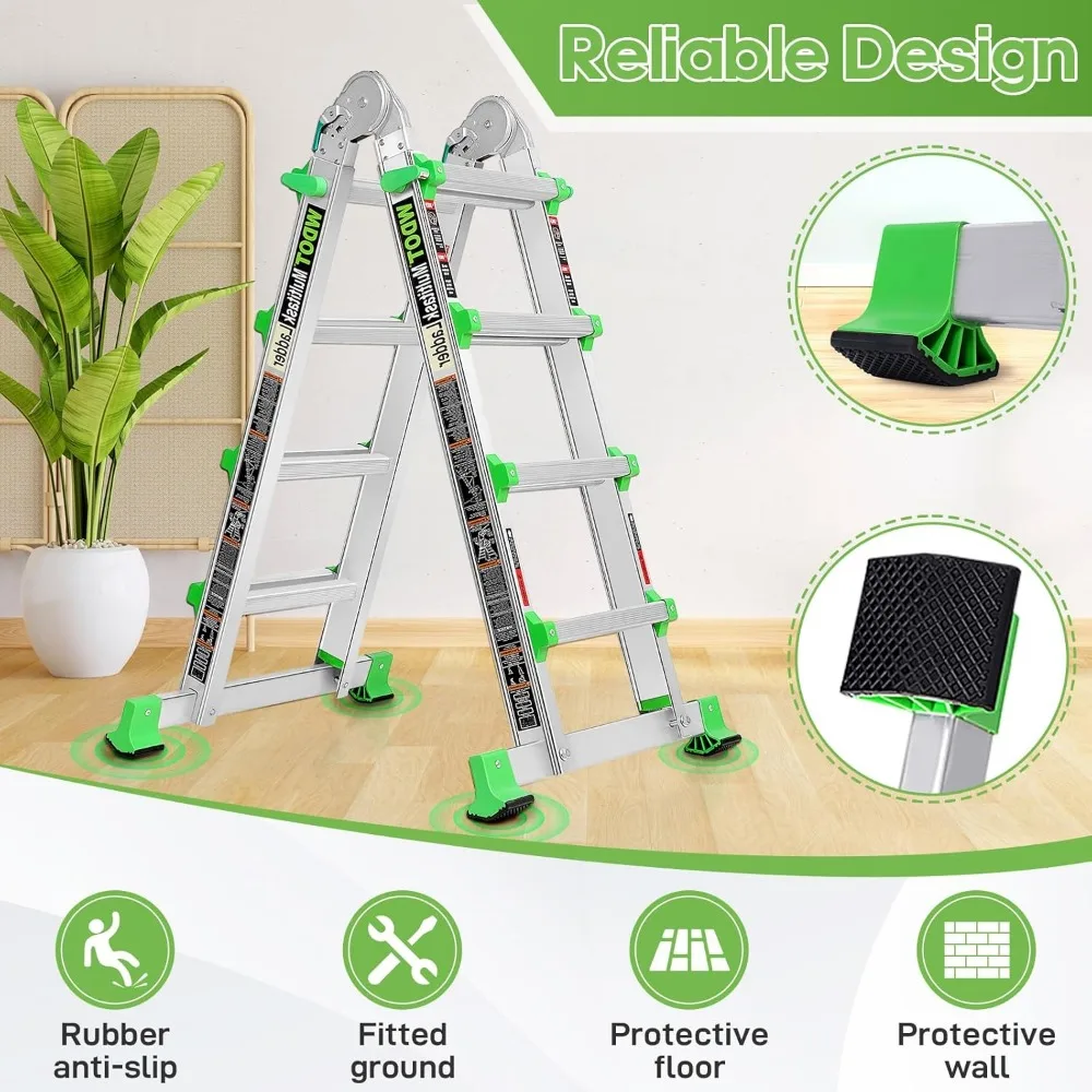 Ladder, Extension Ladders for Home Stairs 14 Ft, 4 Step Multi Position A Frame Ladder with Stabilizer Bar, Compact Folding,