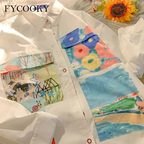 FYCOOKY Женские желтые рубашки с принтом из хлопка