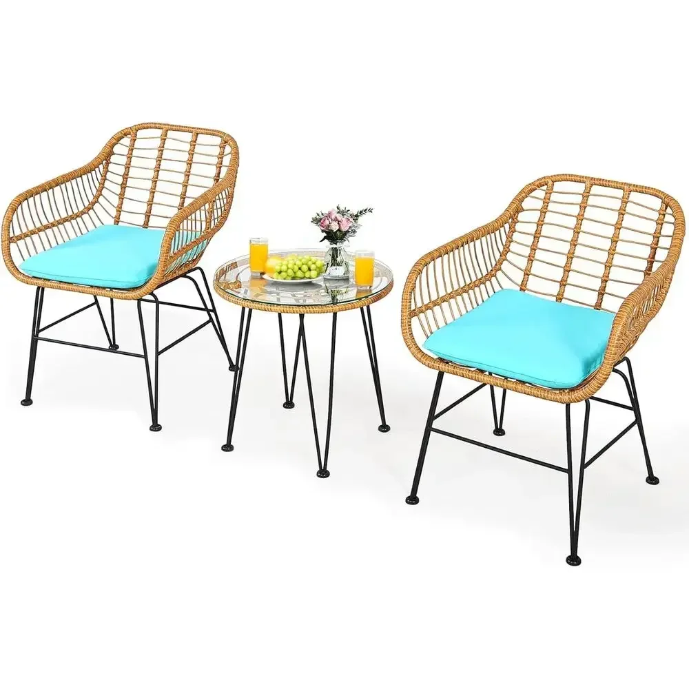 Compact Outdoor Bistro Set: Metal & Wicker 3-Piece Patio Furniture with Tempered Glass Top for All-Weather Use - Perfect for Bal