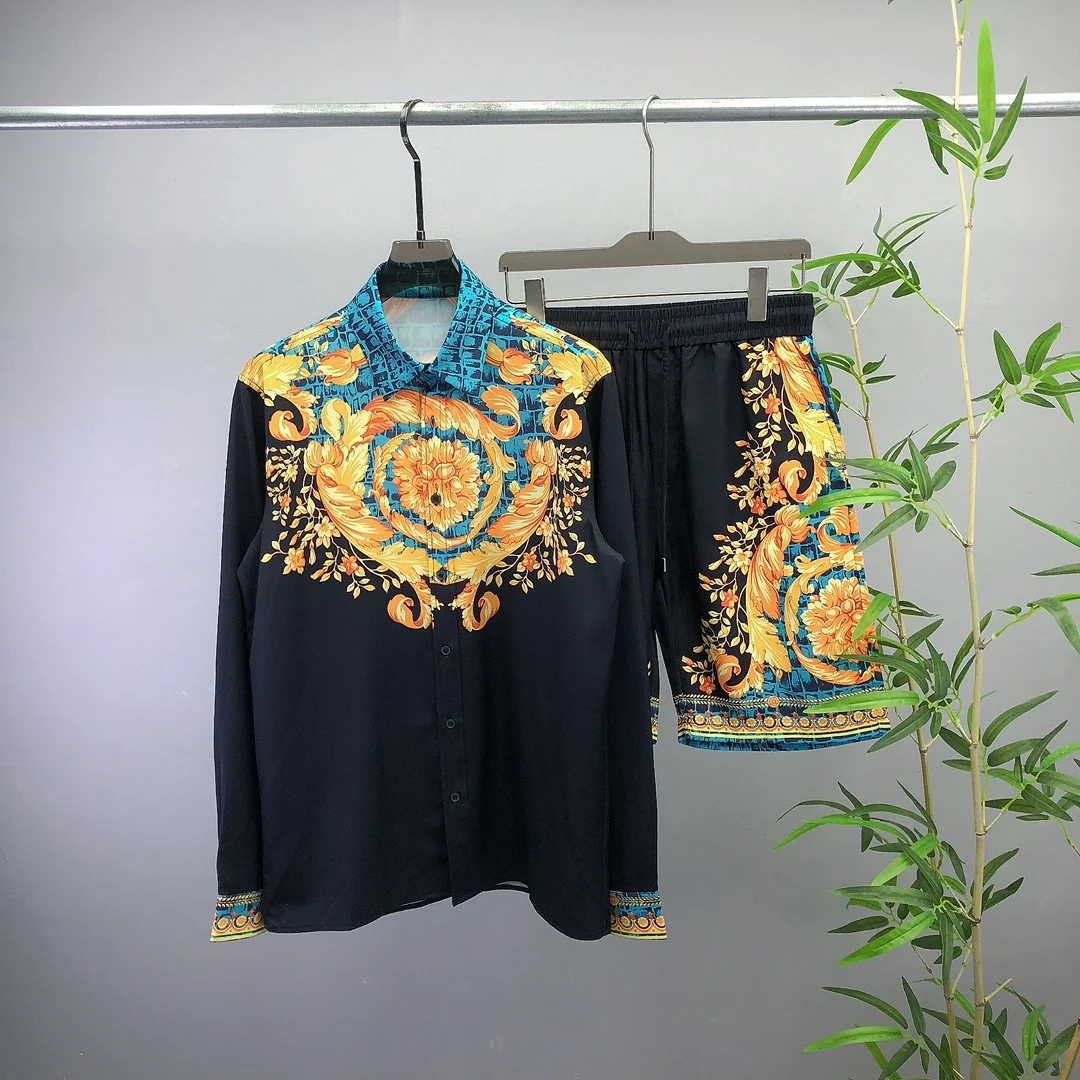 

Summer Men's Long Sve irt plus orts Set Front And Ba Print Pattern Loose Fit Youthful Trend Cotton Polyester Blend
