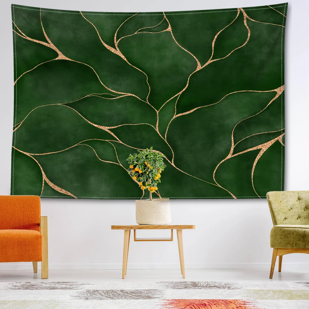 Green gold border leaf printed tapestry, simple modern style bedroom study living room wall hanging art wall decoration