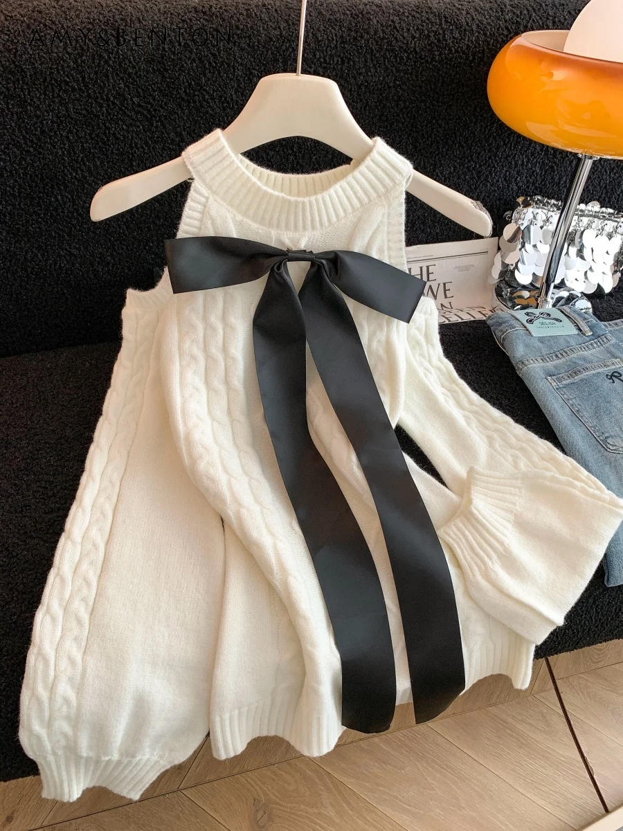 

2025 Autumn Winter New Hot Selling Vintage Off-Shoulder Long Sleeve White Gray Loose Casual Soft Pullover Sweater