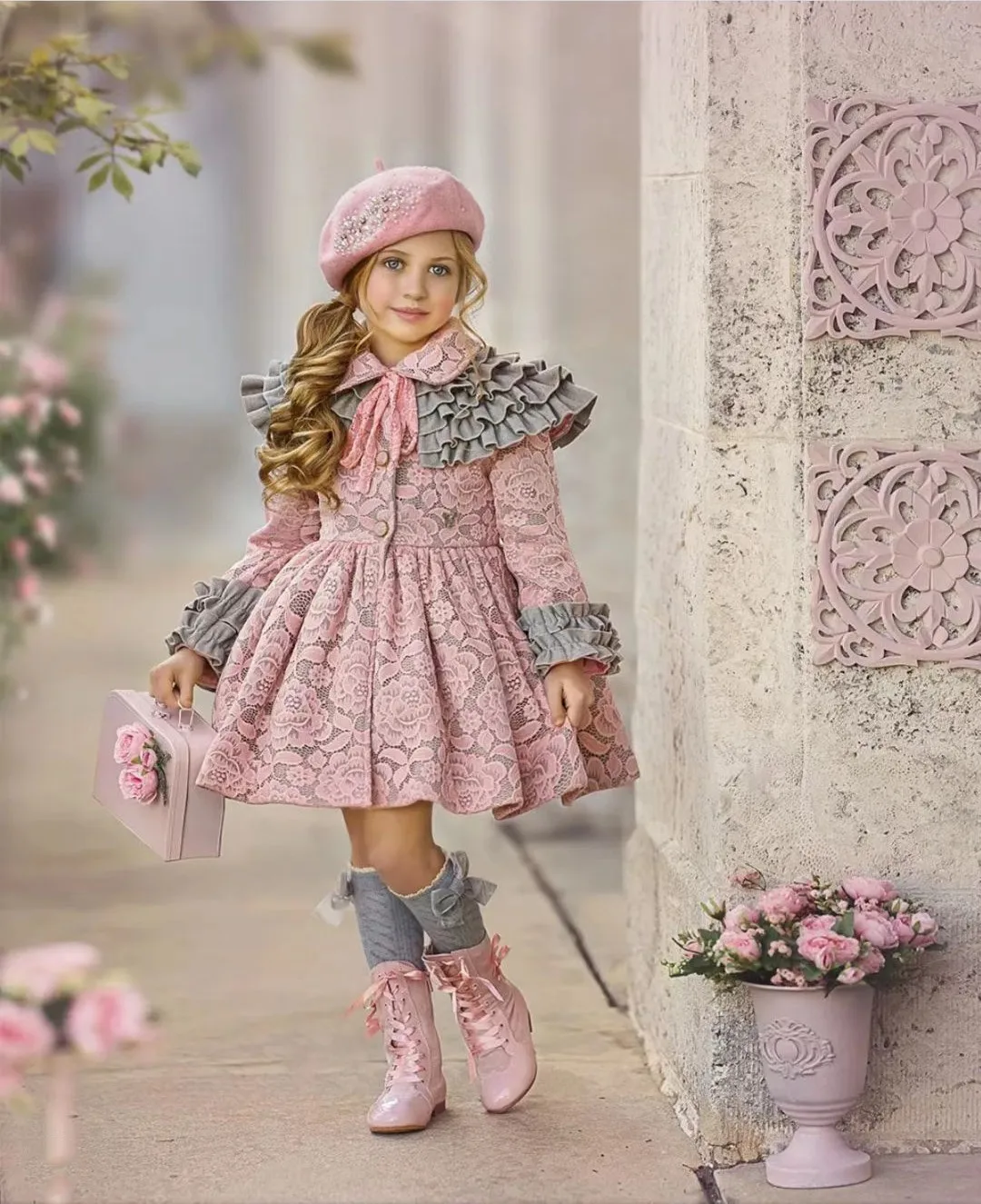 1-12Y Baby Girl Autumn Winter Handmand Customized Palace England Spanish Red Velvet Princess Wool Coat for Casual