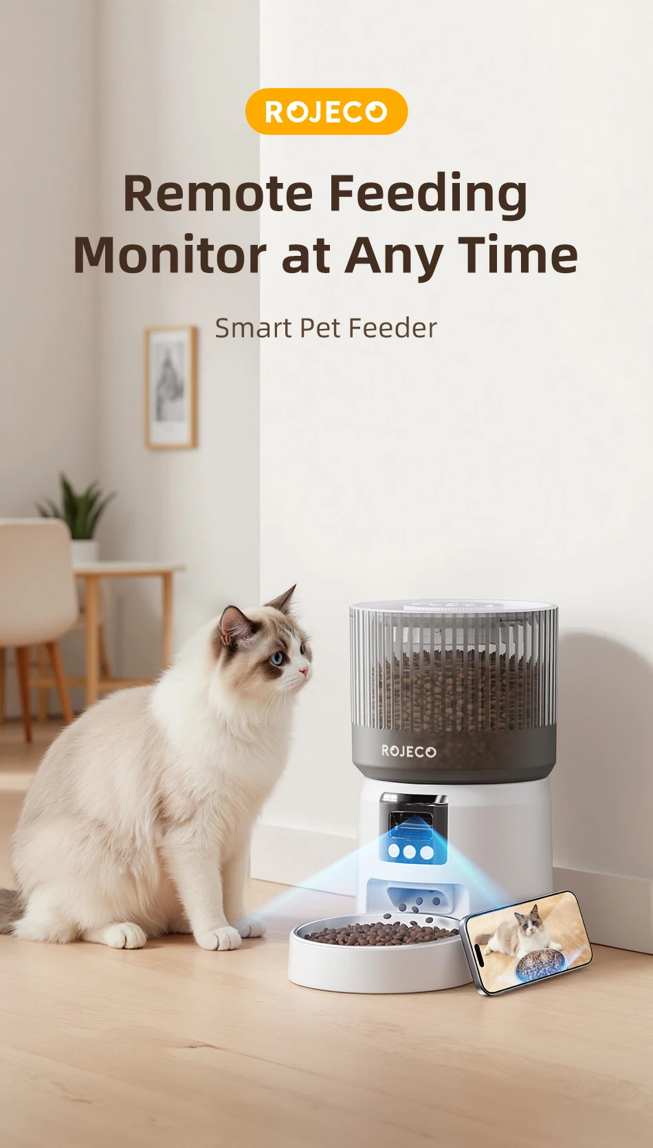 ROJECO Automatischer Katzenfutterautomat mit 1080P HD-Kamera, Video-Smart-Katzenfutterspender, WIFI-Fernbedienung, automatischer Tierfutterautomat für Katzen und Hunde – Detail 1