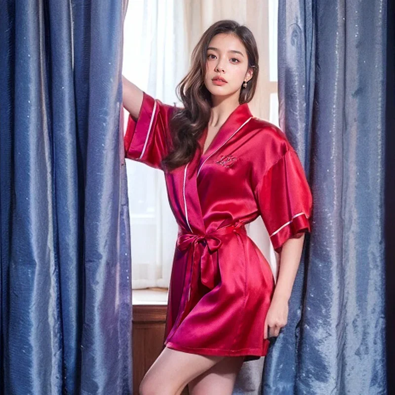 

100% Mulberry Silk Nightwear Morning Gown Summer 19MM Silk Short Sleeves Bathrobes for Women Shower Red Bridal Robe Mini Kimono
