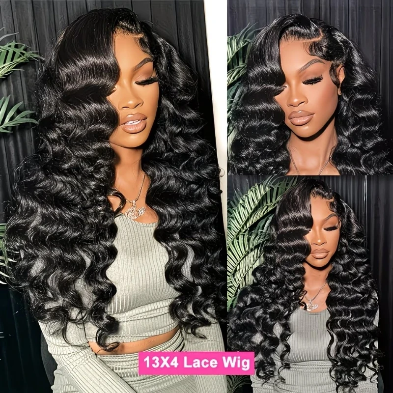36inch Loose Deep Wave Human Hair Glueless Wigs 230% Density 13x6 Swiss HD Lace Front Wigs Pre Plucked Pre Bleached Put On And Go Loose Wave Deep Glueless Wigs For Women #1B Color Curly Human Hair Wigs With Baby Hair