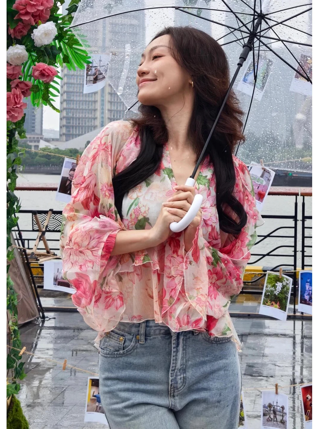 

Pink Lace Trim V-Ne Floral Print Chiffon Long Sve Loose irt Women's Top French Sle Loose Fit Summer Thin Fabric