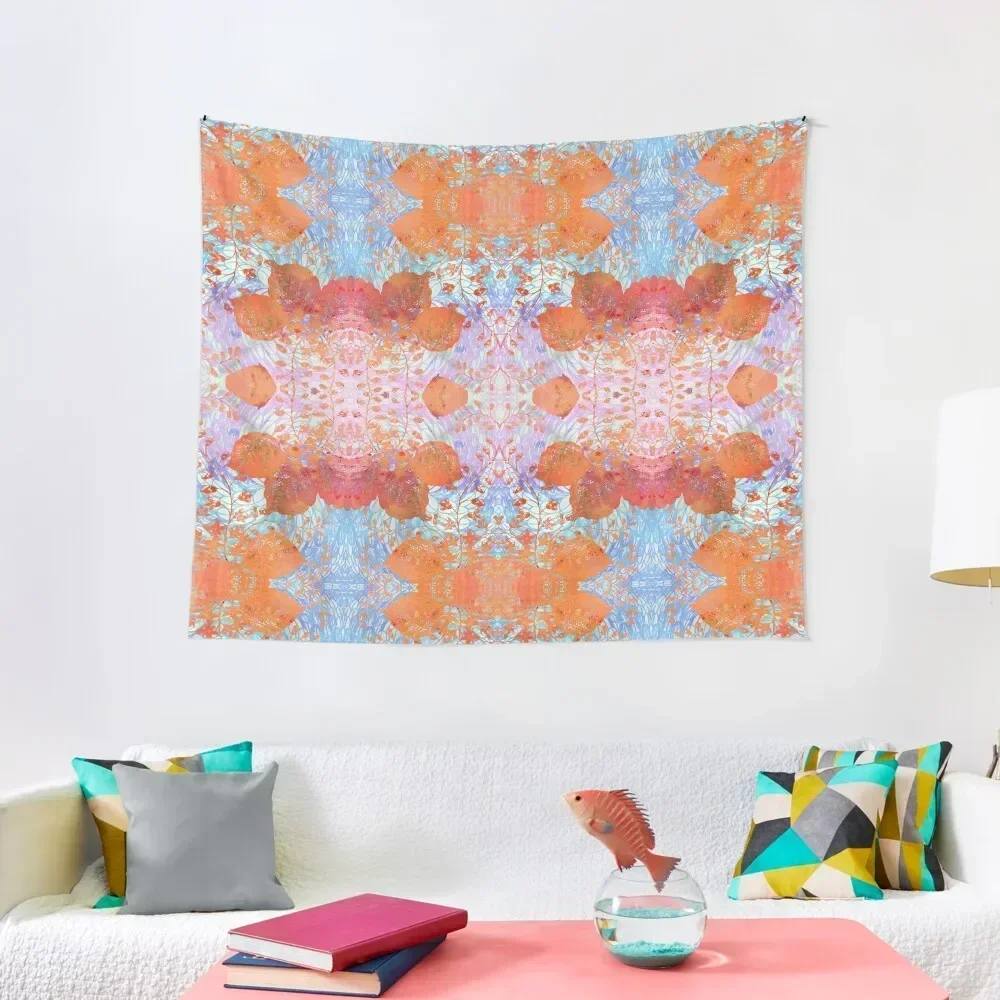 Chinoiserie Chic Delicate Floral Stencil Design - Tangerine Orange & Sky Blue Tapestry Funny Tapestry