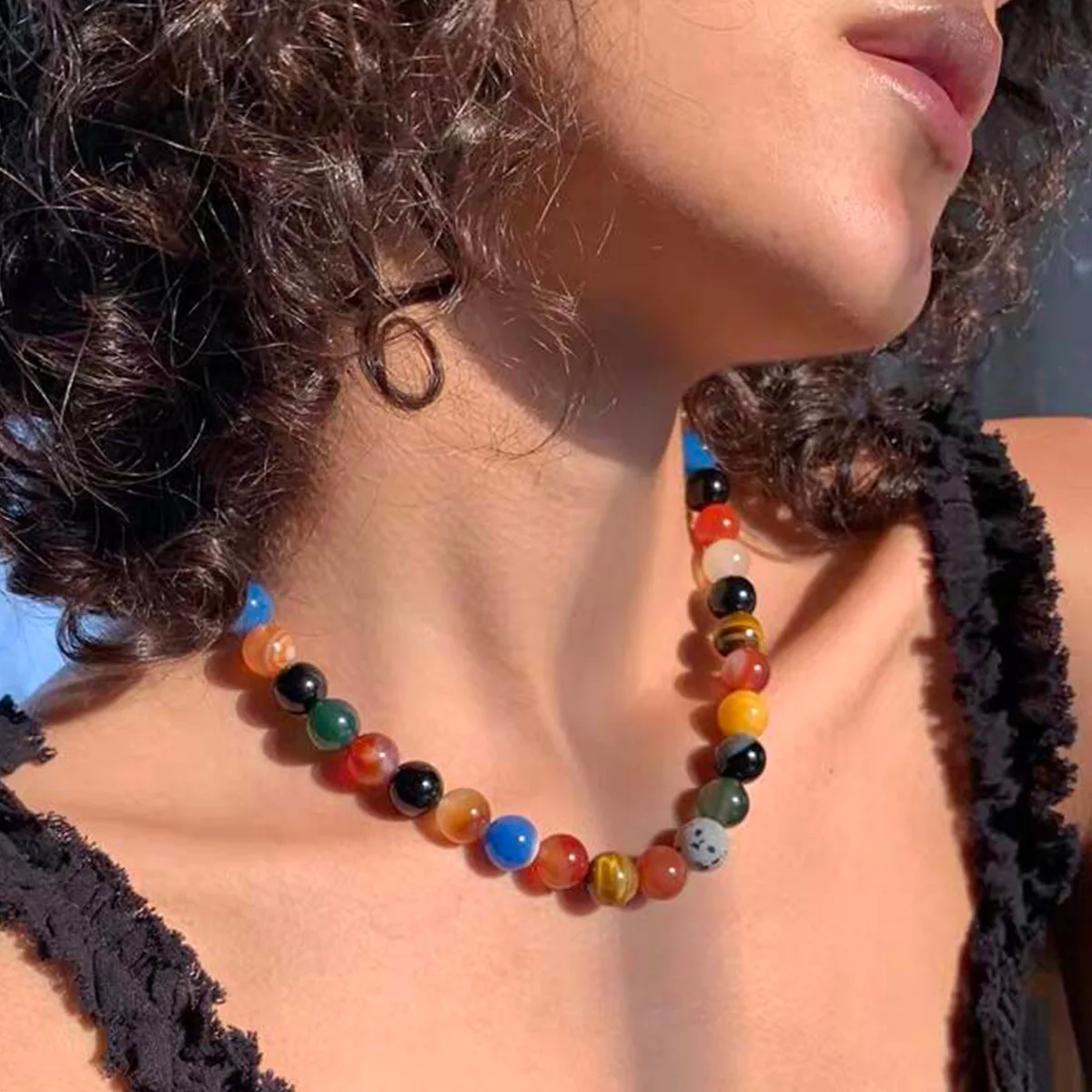 Colorful Agate Bead Necklace - Trendy Romantic Universe Planet Choker for Vacation - Unique Seven-Color Design