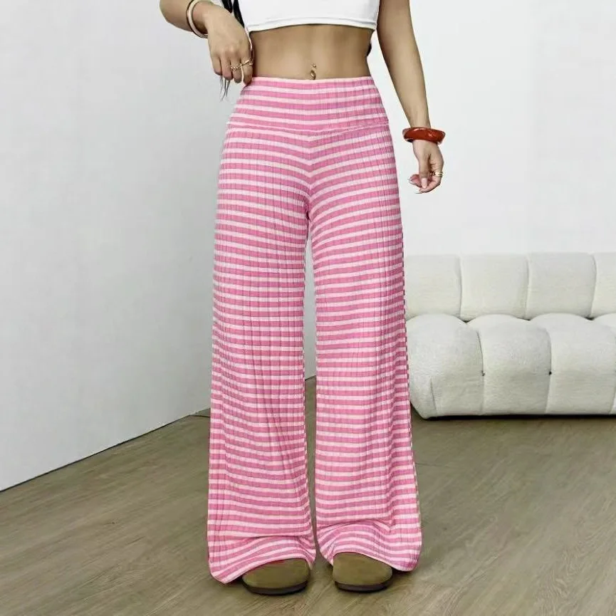 2025 automne Ele ample décontracté banlieue rayé cloche Bot femmes Faion minceur confortable taille élastique pantalon