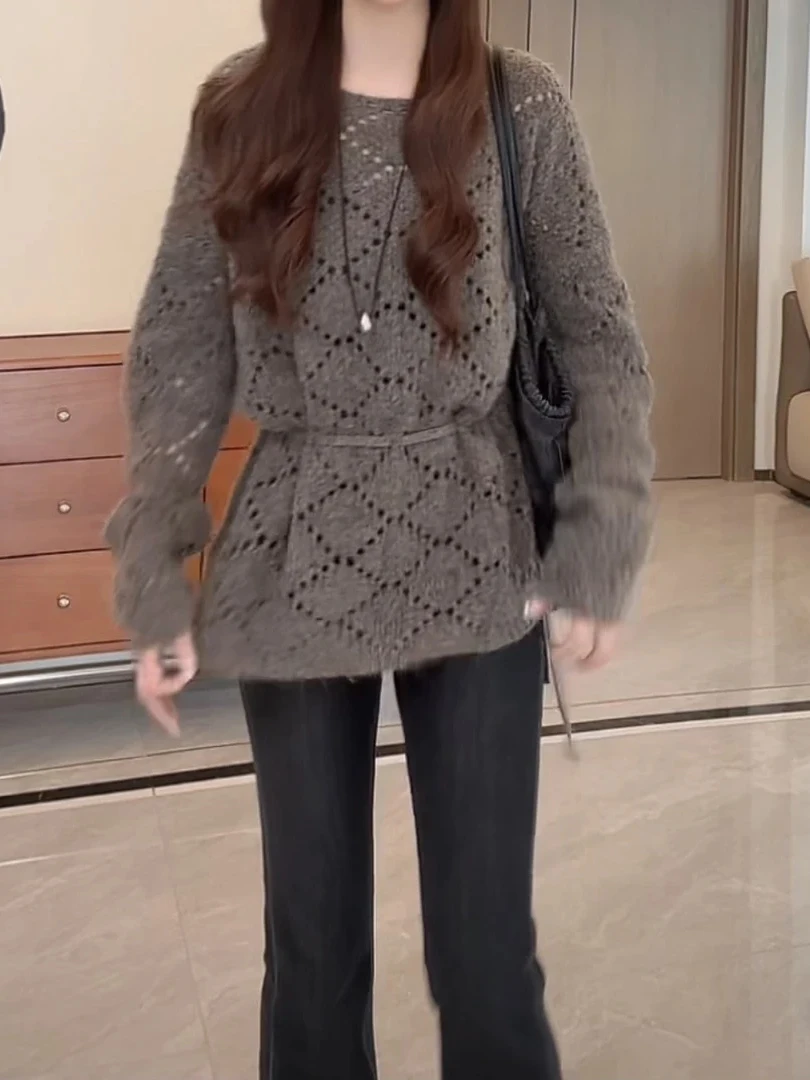 

Fashionable Large Size Knitted Hollow out Sweater Spring New Style Elegant Beautiful Waist-Cinching Loose Fit Casual Wear