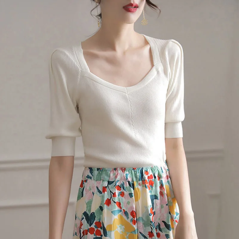 

Slim Fit Ice Silk Трикотажные летние тонкие повседневные универсальные ort Sve с квадратным воротником T irt Женские модные удобные брюки...