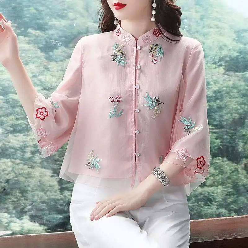 Spring and Autumn Ethnic Style Tang Suit Coat Retro Embroidery Button Chinese Top Women\'s Top Elegant Loose Blouse Chinese Top