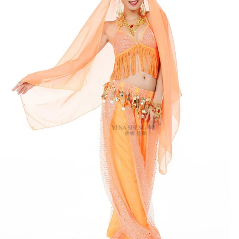 Trajes de dança do ventre para mulheres, performance de dança, competição de bollywood, conjunto de 3 peças, lantejoulas sexy, índia, flamenco, dança oriental
