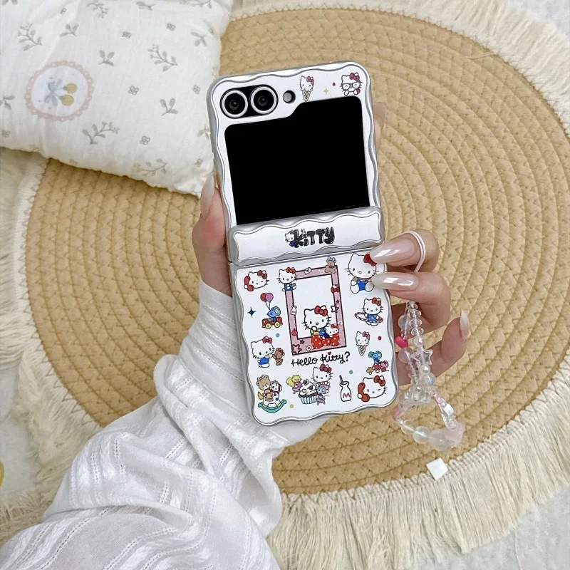Cute Cartoon Waves Photo Frame Hello Kitty for Samsung Galaxy Z Flip 8 7 6 5 Shockproof with Lanyard