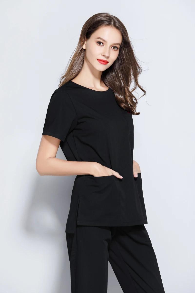 Uniformes de manga corta con cuello redondo para mujer, ropa de trabajo negra para clínica Dental, Hospital, limpieza de médicos, ropa de trabajo de verano