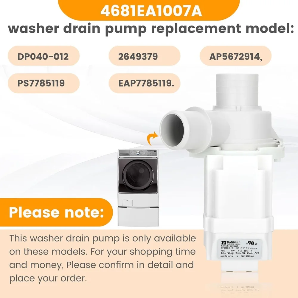 DP040-012 4681EA1007A 2649379 Washer Drain Pump Compatible with lg WT1201CV WT1201CW WT4870CW WT1501CW, kenmore 796.31513210