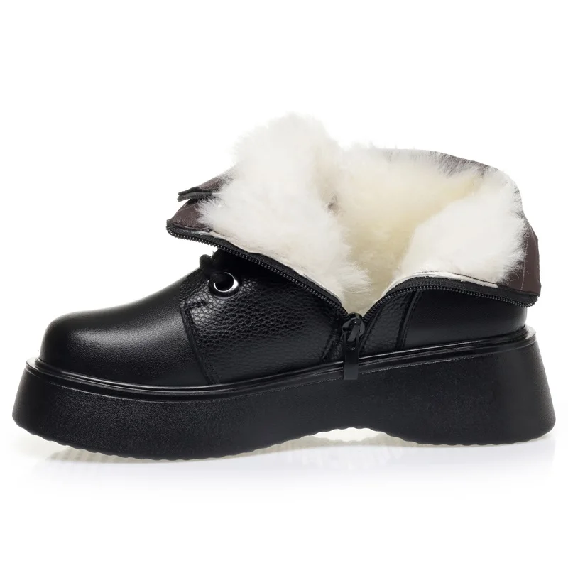 WDZKN Fashion Women Snow Boots Winter Natural Wool Fur Thick Sole Chunky Platform Ankle Boots Ladies Warm Cotton Shoes Big Size